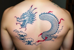 powerful japanese dragon, water background, colour red and blue tattoo idea