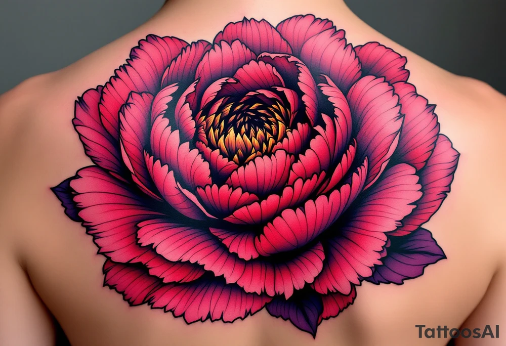 A large peony flower in shades of red and purple with bold black outlines. tattoo idea