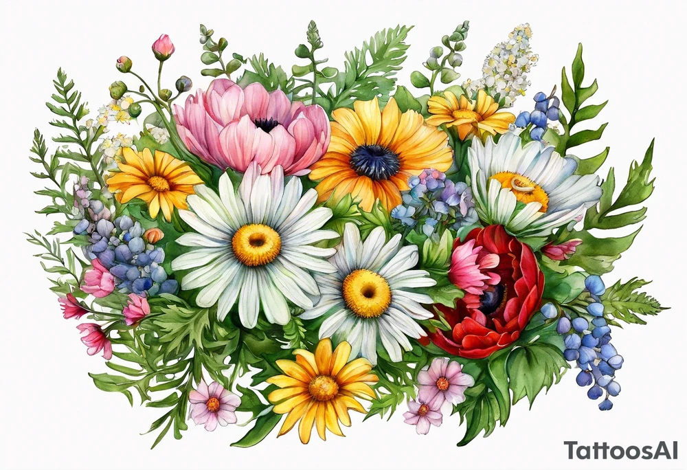 an oval of wildflowers cascading with thistles, ferns, white anemones, sun flowers, buttercups, pink flowers, red flowers, babys breath and daisies all in watercolor tattoo idea
