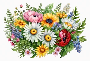 an oval of wildflowers cascading with thistles, ferns, white anemones, sun flowers, buttercups, pink flowers, red flowers, babys breath and daisies all in watercolor tattoo idea