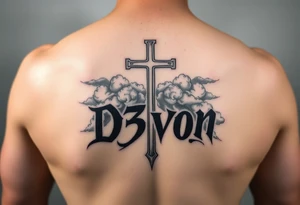 The name D3von with a cross behind it and clouds above it tattoo idea