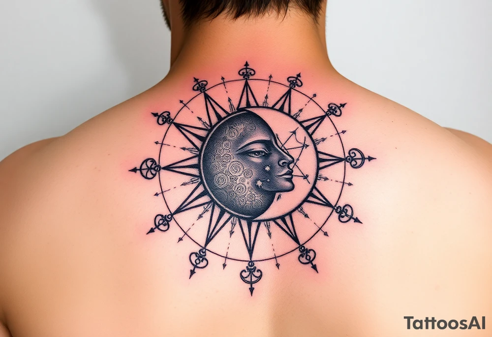 celestial sun and moon embrace with constellation patterns tattoo idea