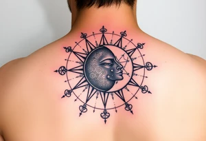 celestial sun and moon embrace with constellation patterns tattoo idea