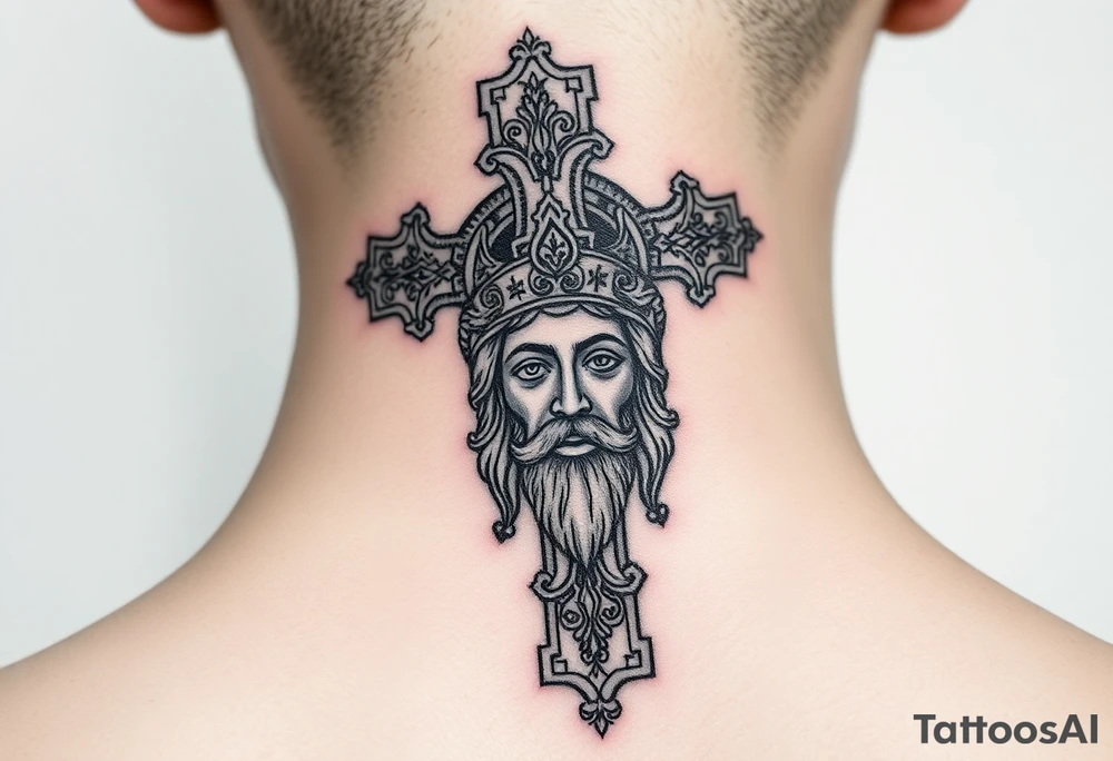 A large Orthodox cross with ornate detailing
Christ Pantocrator face (very traditional Orthodox icon style) tattoo idea