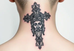 A large Orthodox cross with ornate detailing
Christ Pantocrator face (very traditional Orthodox icon style) tattoo idea