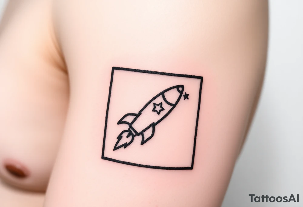 Rocket ship with a twinkling star, inside a black rectangle, shooting out of the rectangle tattoo idea