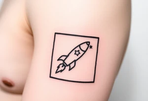 Rocket ship with a twinkling star, inside a black rectangle, shooting out of the rectangle tattoo idea