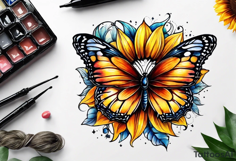 Half sunflower half butterfly tattoo idea