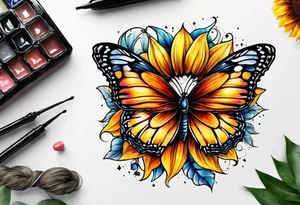 Half sunflower half butterfly tattoo idea
