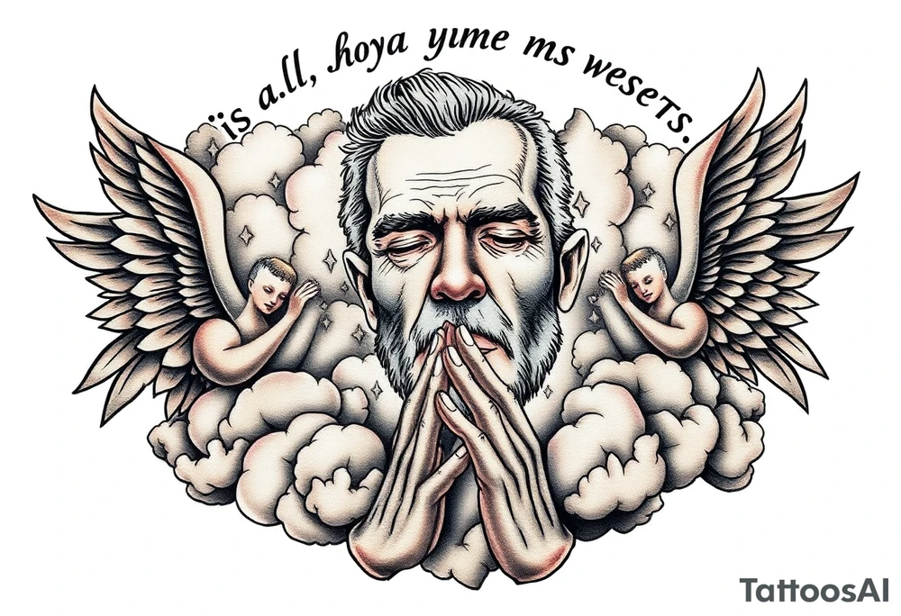 cast all your anxiety on him because he cares for you"  surrounded with clouds and angels and praying hands tattoo idea