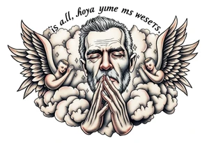 cast all your anxiety on him because he cares for you"  surrounded with clouds and angels and praying hands tattoo idea