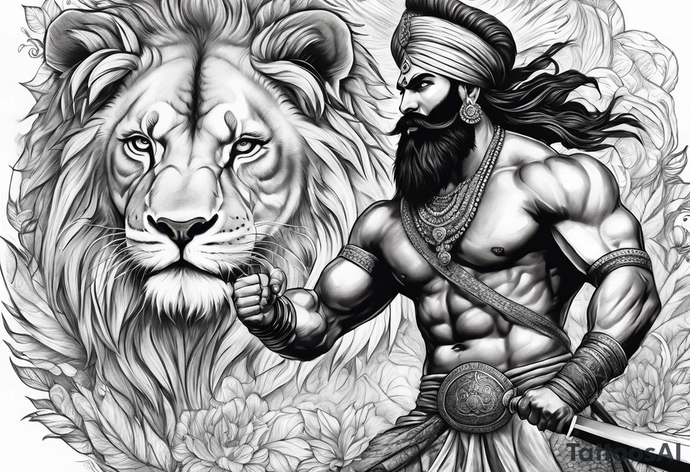 sikh warrior fighting with lion in background tattoo idea