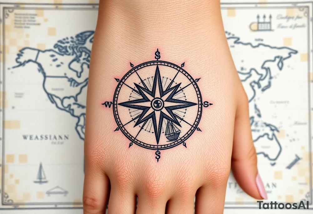 antique compass rose overlaid on weathered world map with sailing ships tattoo idea