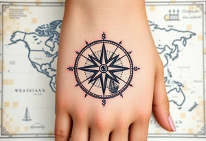 antique compass rose overlaid on weathered world map with sailing ships tattoo idea