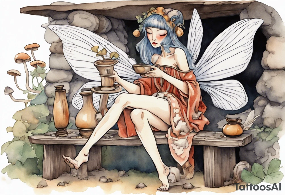 a mushroom fairy
wearing a medieval tunic sitting on a bench by a fireplace drinking from a wood cup, happy tattoo idea