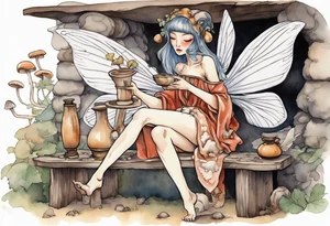 a mushroom fairy
wearing a medieval tunic sitting on a bench by a fireplace drinking from a wood cup, happy tattoo idea