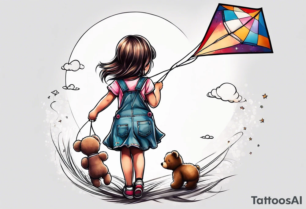 back image of a little girl in a dress, flying a kite and a teddy bear in overalls, standing beside her tattoo idea