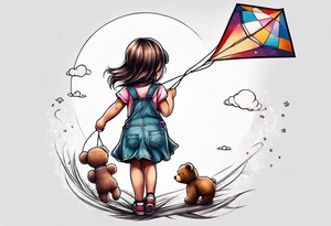 back image of a little girl in a dress, flying a kite and a teddy bear in overalls, standing beside her tattoo idea