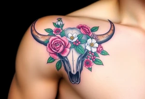 Buffalo or bison skull with flowers. Peony, snowdrop, holly with berries, larkspur, peony. Colour. For upper arm or shoulder. Masculin. tattoo idea