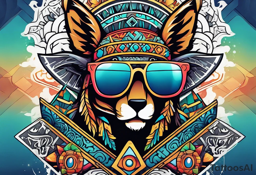 Colorful Mayan hieroglyph wearing sunglasses with bats and water tattoo idea