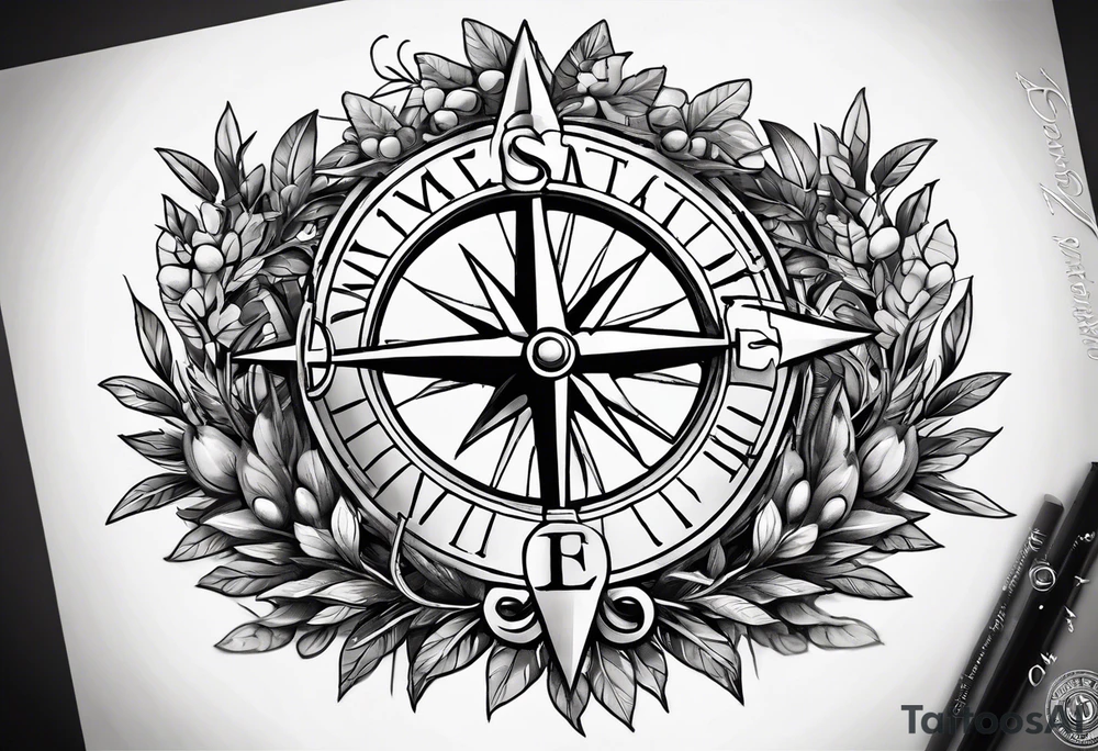 A selucid style anchor on top of a compass and a olive branch wreathe wrapped around the compass tattoo idea