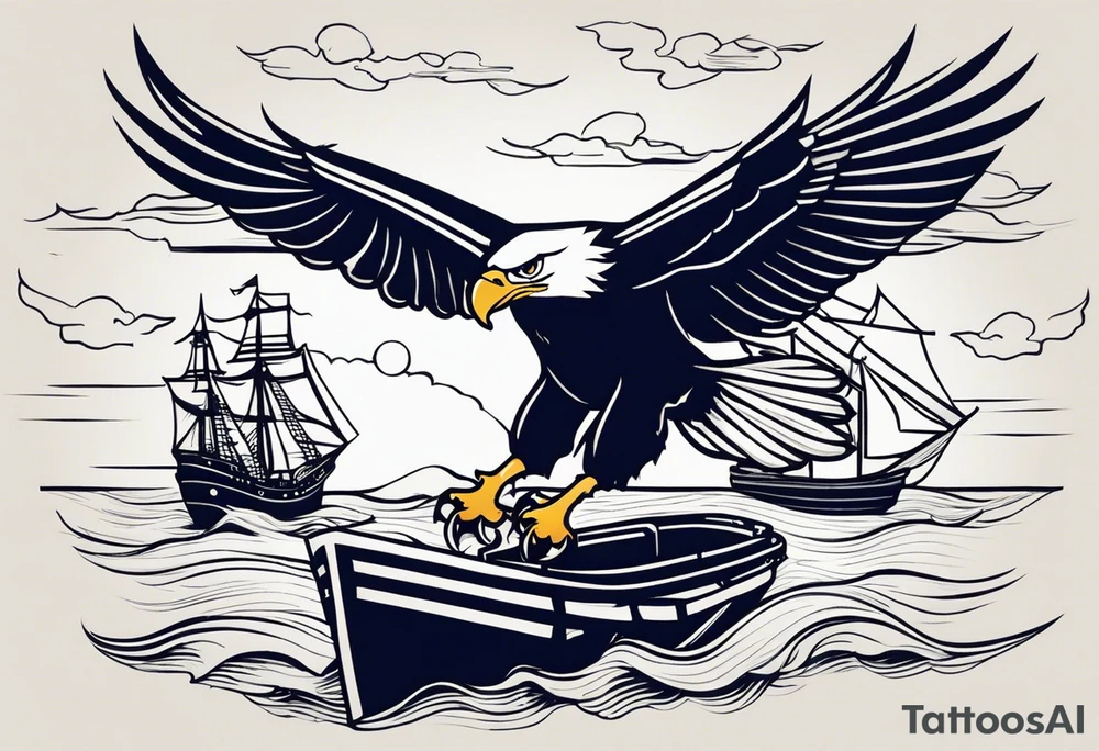 eagle flying in front of ship holding American flag in beak tattoo idea
