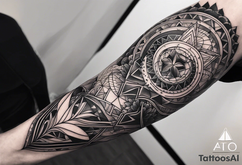 geometric full male leg sleeve ocean tattoo idea