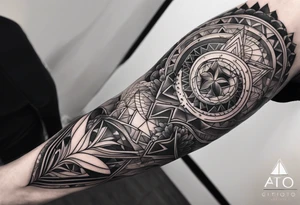 geometric full male leg sleeve ocean tattoo idea