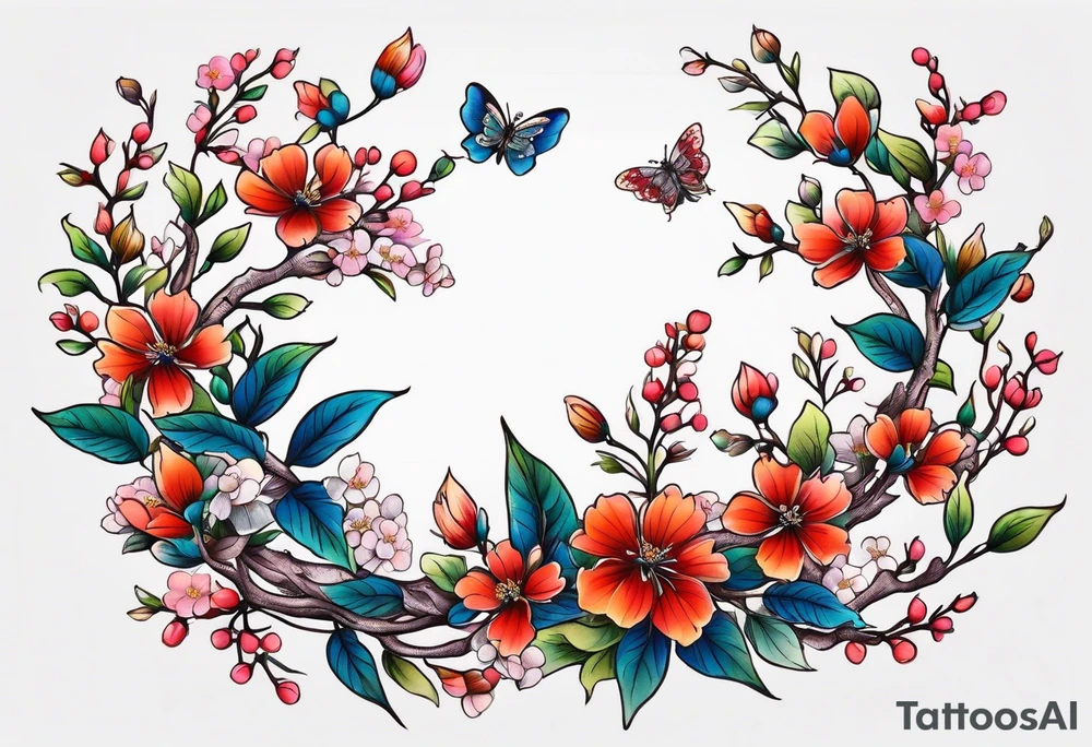 Winding branches and leaves and tiny flowers with a small moth tattoo idea