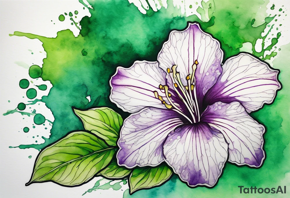 An outline of an only green rio dipladenia flower and a green and purple watercolor splash in the background tattoo idea