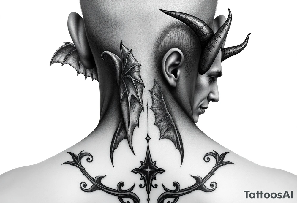 position behind the neck Angel (on the right) whispering in the right ear, demon (on the left) whispering in the left ear. It must be as realistic as possible. tattoo idea