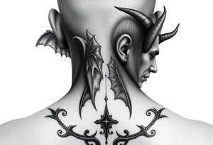 position behind the neck Angel (on the right) whispering in the right ear, demon (on the left) whispering in the left ear. It must be as realistic as possible. tattoo idea
