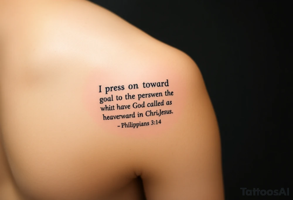 Minimalist tattoo on inner bicep. Mostly text of Philippians 3:14: I press on toward the goal to win the prize for which God has called me heavenward in Christ Jesus. Some design element tattoo idea