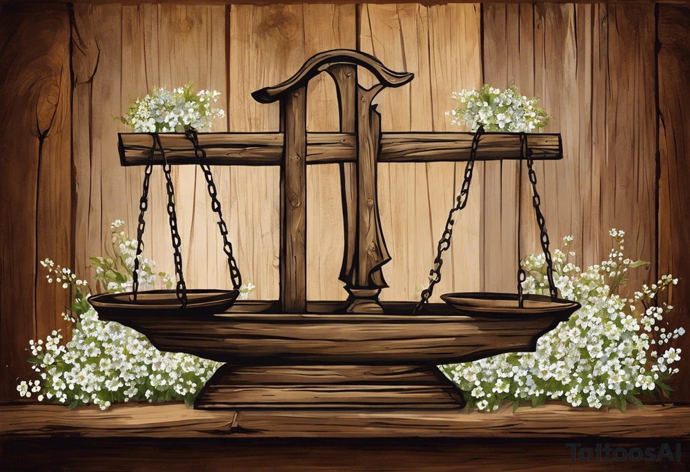 I need you to draw me a old libra scale out of tattered wood. The ends of the cross of wood need to be  broken. I need the bottom to look tattered possible cracks and holes  in wood of scale. I need vines with little white flowers wrapped all the way up the scale across the wood beam. And I want the scale bowls need to be attached by the vines. And I want the two weights of the scale to be wooden as well. They also need to look tattered. The weights need to be fastened on by the vines. I need to make it look like the ends of the vines on both scales is just loosely. I need to incorporate pieces koi fish in beautiful blues greens, and pinks.The fish need to be one on each scale balancing the scale and the tail of the left on, pointing down. the beautiful fish tail fins needs to be covering part of the tattered piece and the fish on the rights tail will be facing unpard with the fin of beauty starting to court the same pic tattoo idea