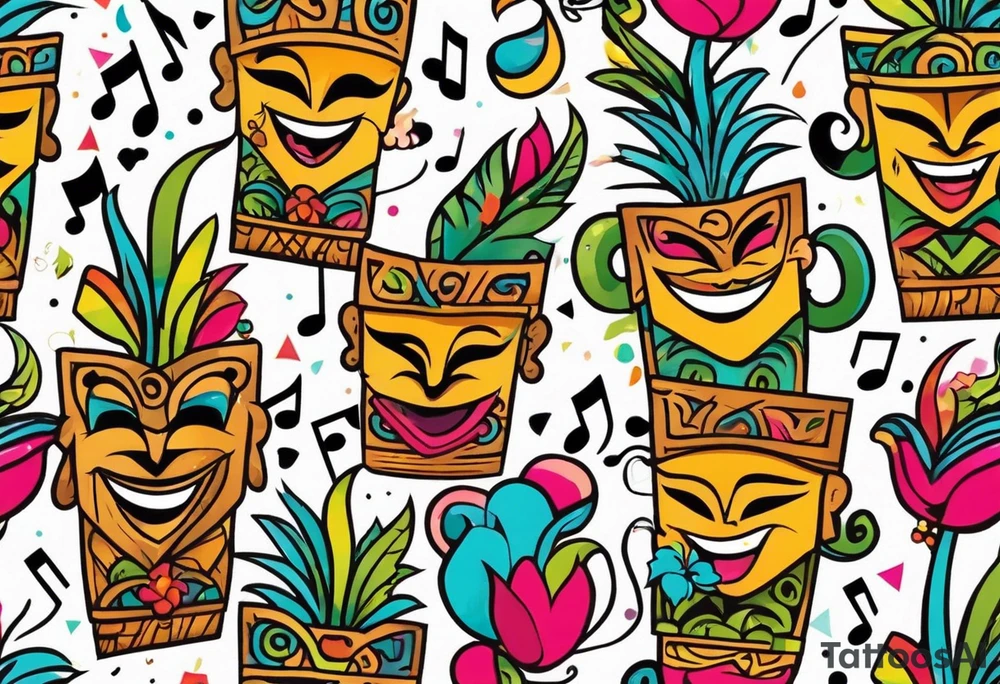 tiki party with dancing tiki guys and sexy tiki girls with music notes and confetti tattoo idea