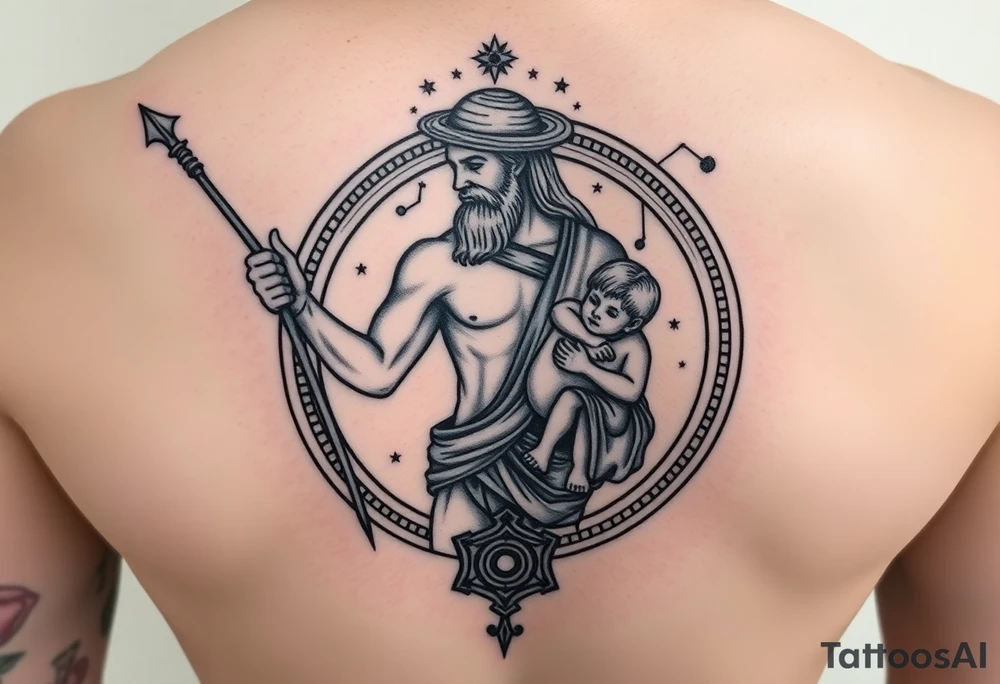 a tattoo design of the Greek God Saturn holding his spear in one hand with the Saturn Symbol as the spear head, in his other arms cradling a twin younger version of himself. The gemini constellation is in the background behind the Saturn Gods with the saturn rings circling around the tattoo like the planet saturn with the ring coming from behind, circling in front and going round the other side tattoo idea