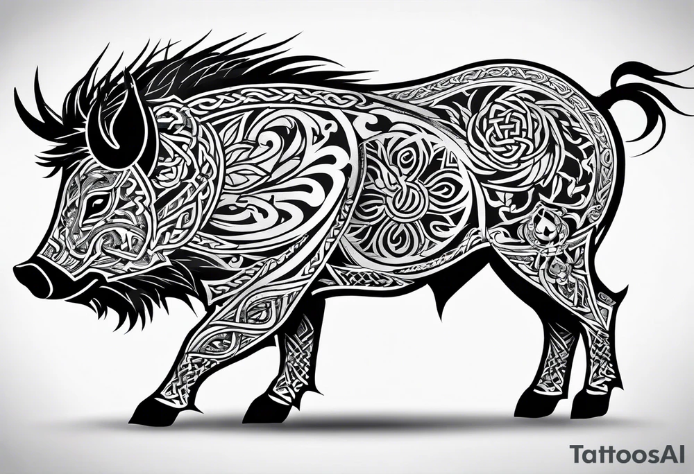 A classic tribal Celtic boar Integrated with a Chatwin, family crest and a Thistle tattoo idea