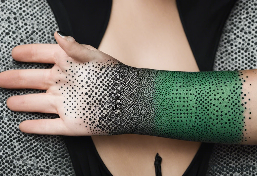 england, abstract, green and black, covered from wrist to forearm, fully covered, no borders, blackwork, no people tattoo idea