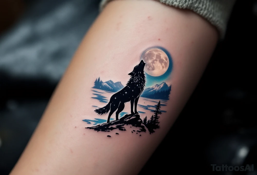 lone wolf howling at full moon with northern lights backdrop tattoo idea