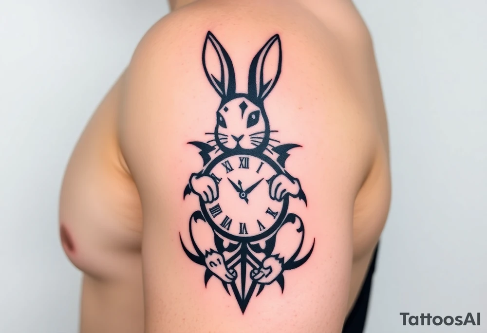 Geometrical rabbit holding a clock tattoo idea
