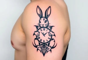 Geometrical rabbit holding a clock tattoo idea