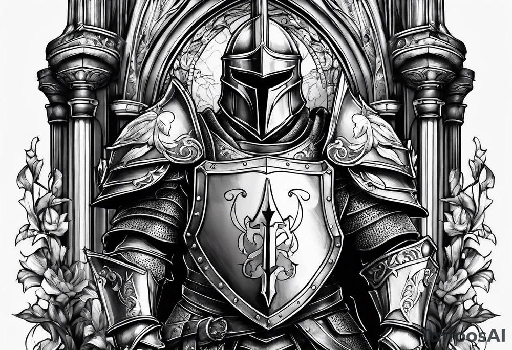 knight heavy armor in front of cathedral tattoo idea
