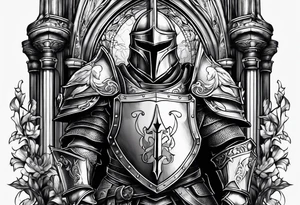 knight heavy armor in front of cathedral tattoo idea