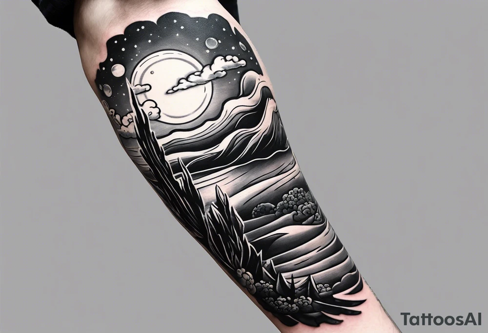 I want a arm sleeve where the sky is the background like the Calvin and Hobbes picture of them looking up at the sky tattoo idea