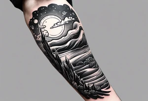 I want a arm sleeve where the sky is the background like the Calvin and Hobbes picture of them looking up at the sky tattoo idea