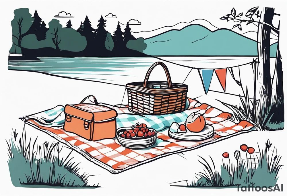 picnic scene in nature. A blanket on the ground with one picnic-basket, one backpack, pillows and party pennants. Thin lines. tattoo idea