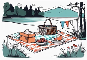 picnic scene in nature. A blanket on the ground with one picnic-basket, one backpack, pillows and party pennants. Thin lines. tattoo idea