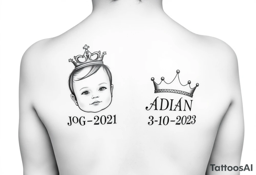 2 year old boy with new bown baby with little princess crowns with the names JOSIAH 7-6-2021 in roman numerals & the your boy with the name ADIAN IN SIDE CROWN 3-10-2023 IN roman numerals tattoo idea