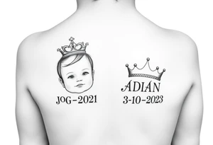 2 year old boy with new bown baby with little princess crowns with the names JOSIAH 7-6-2021 in roman numerals & the your boy with the name ADIAN IN SIDE CROWN 3-10-2023 IN roman numerals tattoo idea