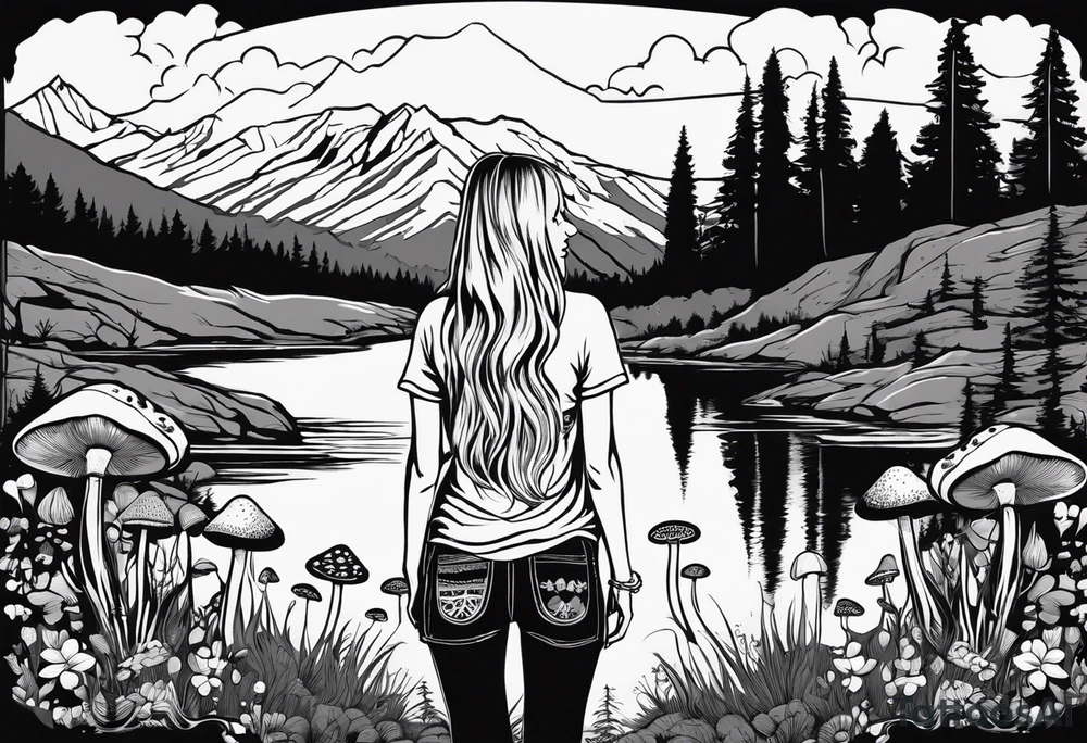 Whole picture encircled fully

Straight long blonde hair hippie girl in distance holding mushrooms in hand facing away toward mountains and creek surrounded by mushrooms tee shirt and hiking pants; whole rendering within a full circle, no cut off circle tattoo idea